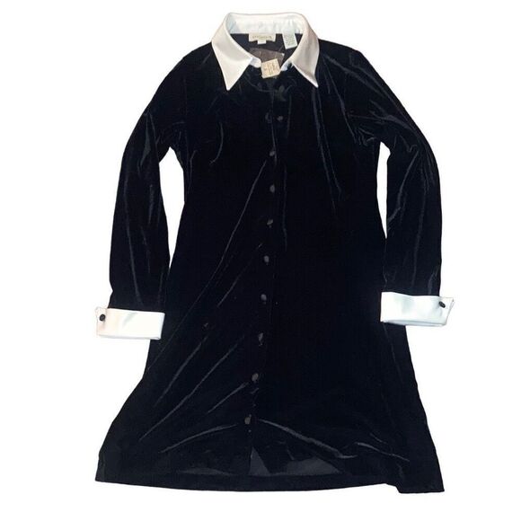 NWT Vtg Ann Taylor Small Black White Velvet Button Down Long Sleeve Mini Dress - Picture 1 of 4